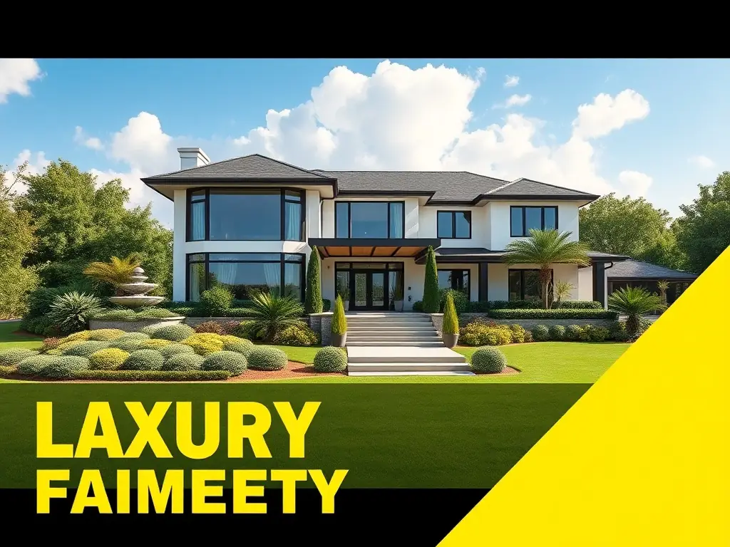A vibrant digital advertisement for a luxurious real estate property with a modern home and landscaped garden.