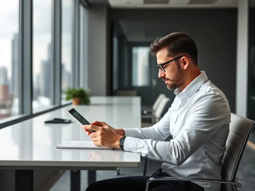 A real estate agent using a tablet in a modern office to manage client and property data.