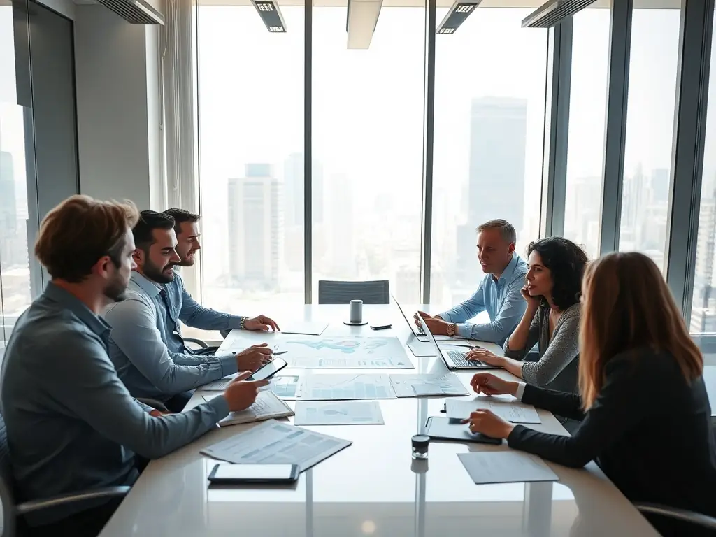 A team of professionals discussing real estate advertising strategies in a modern office.