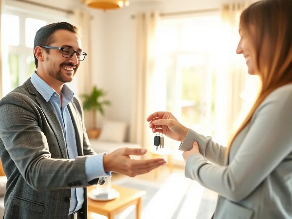 A successful property acquisition process with a real estate agent handing over keys.