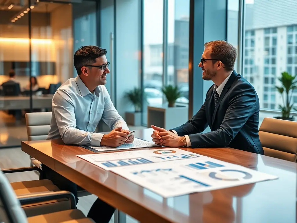 A real estate consultant discussing strategy with a client in a modern office.