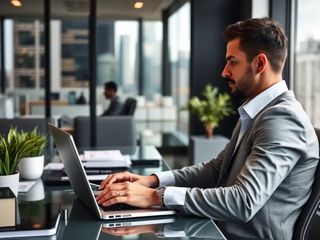 A real estate agent using a laptop to manage client and property acquisitions in a modern office.